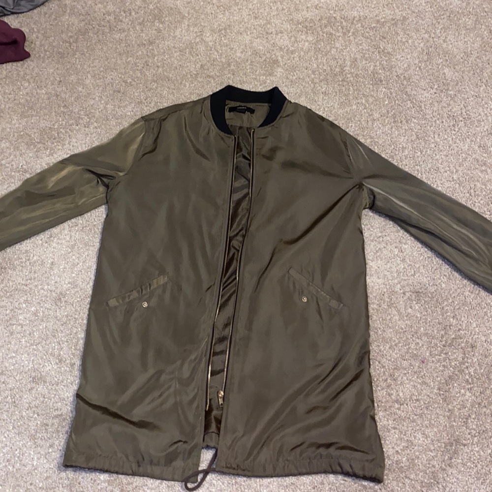 Army green long bomber jacket